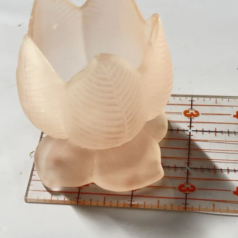 Vtg Tulip/Lotus Candle Holder Frosted Pink Embossed Glass - Leaf Pedestal MCM 3”